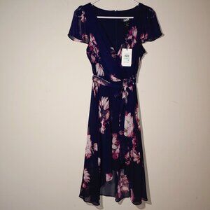 DKNY Floral Printed Wrap Waist Midi Dress Size 8P Midnight Multi